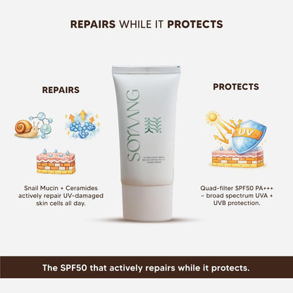 Soyaang Ultralight Snail Mucin SPF50 PA+++ Sunscreen with Ceramides, Zinc Oxide & Green Tea | Repairs While Protecting | Lightweight, No White Cast Sunscreen for All Skin Types | 50g
