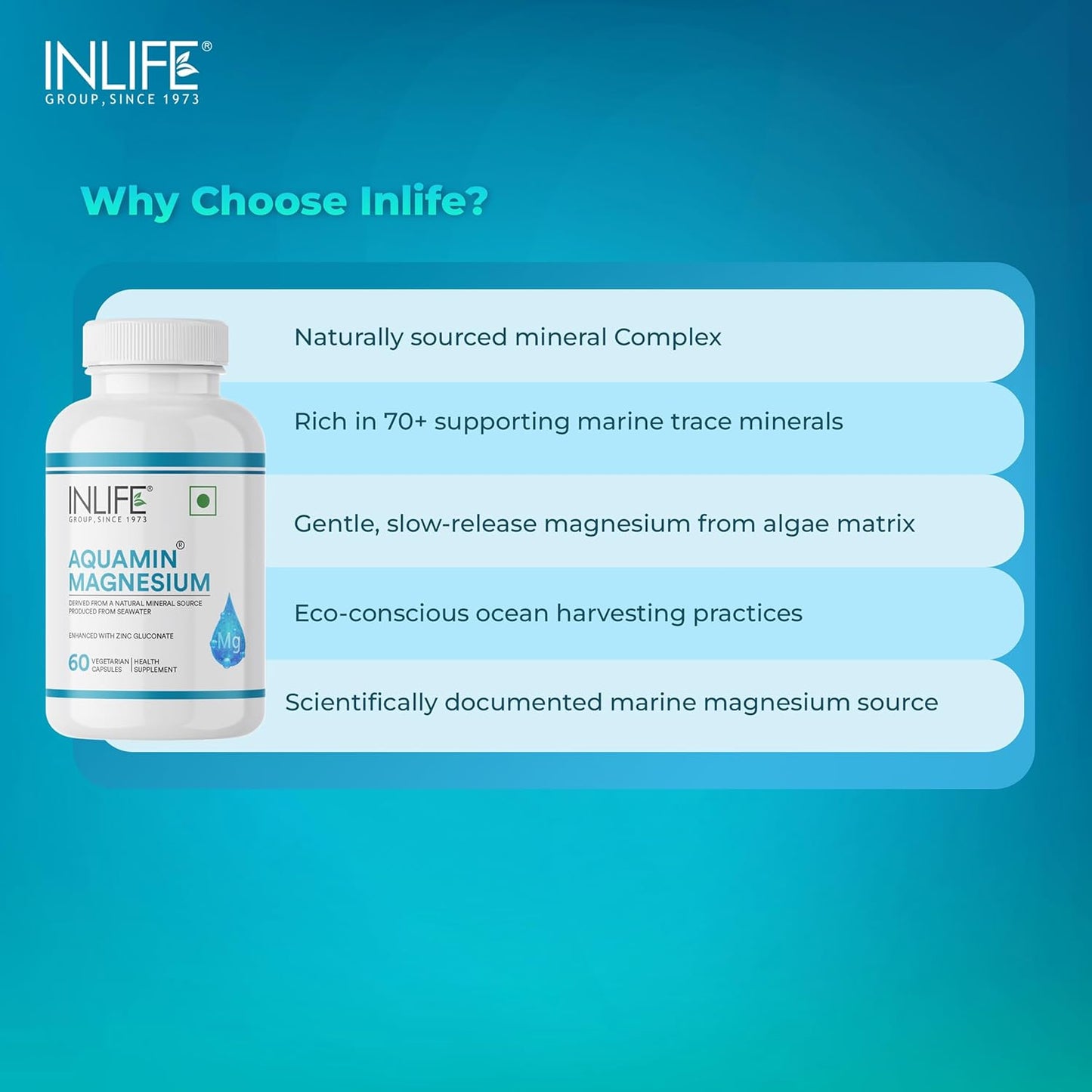 INLIFE Marine Magnesium Supplement 1060mg | Aquamin Mg Naturally Sourced from Red Algae with Zinc Gluconate | Multi-Mineral Complex | Supports Muscle Function, Energy, Metabolism & Daily Wellness | 60 Vegetarian Capsules (60)