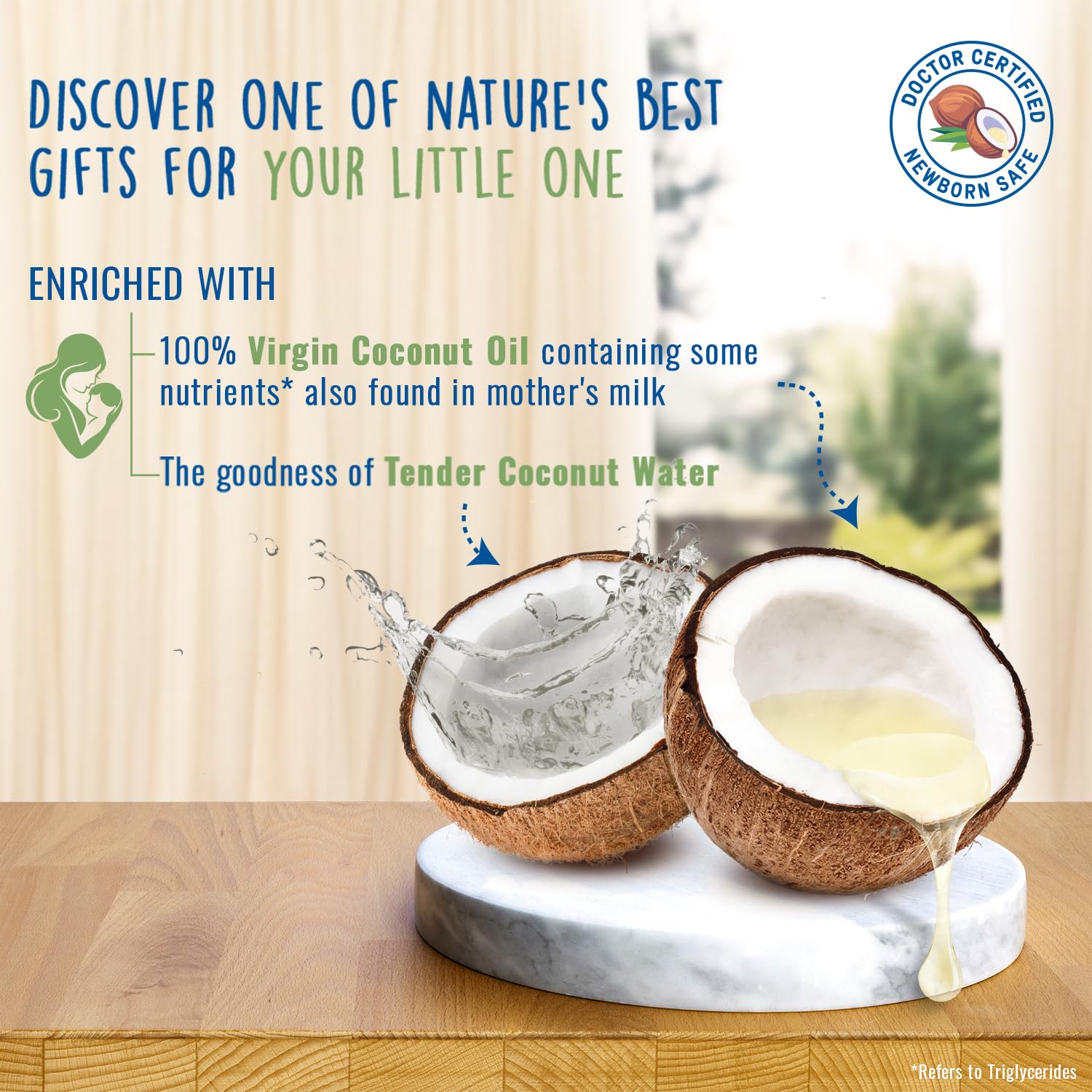 Coconut halves with coconut water and oil on a marble slab, with text about its benefits.
