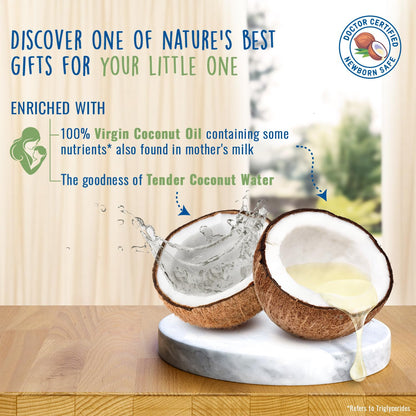 Coconut halves with coconut water and oil on a marble slab, with text about its benefits.