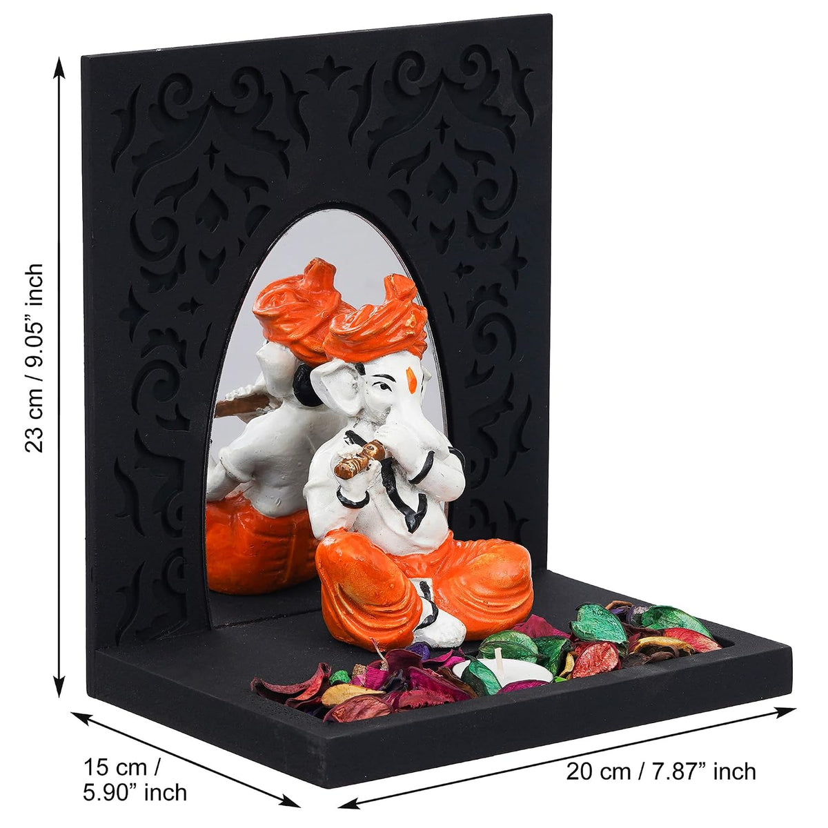 Orange White Resin Lord Ganesha Idol Playing Flute Showpiece Potpourri Tea Light Candle Holder| Ganpati Murti Tea Light Holder Diwali Decoration Items for Home Decor Office| Diwali Gift