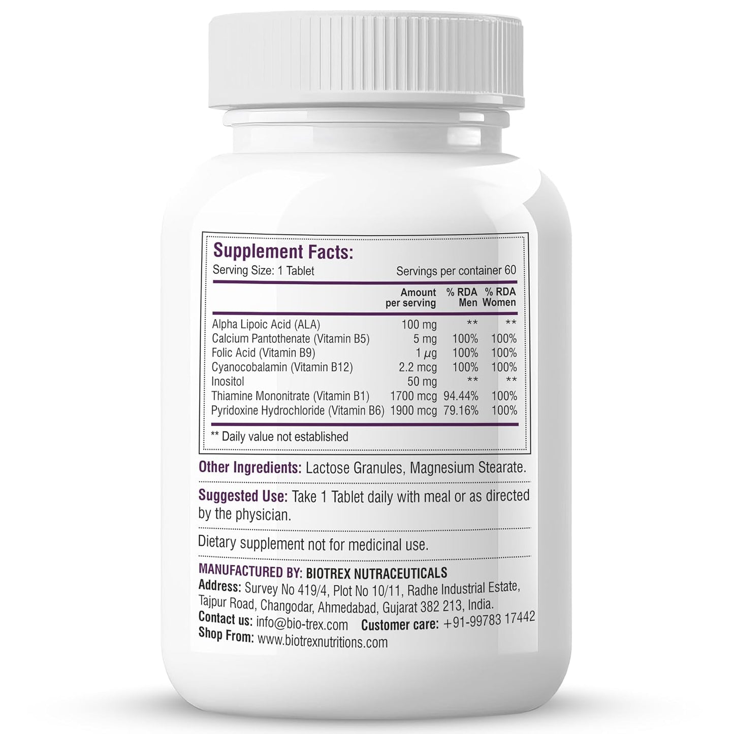 Biotrex Nutraceuticals Vitamin B12 With B1, B5, B6, B9(Folic Acid), Alpha Lipoic Acid ALA & Inositol Supplements | Energy Management | Antioxidant | 60 Tablets