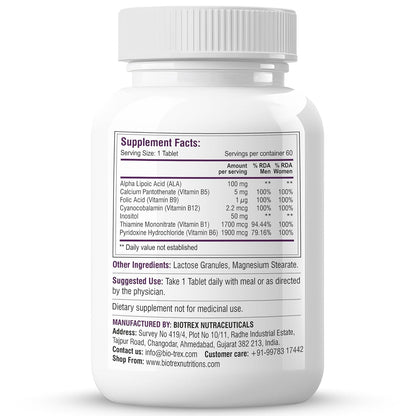 Biotrex Nutraceuticals Vitamin B12 With B1, B5, B6, B9(Folic Acid), Alpha Lipoic Acid ALA & Inositol Supplements | Energy Management | Antioxidant | 60 Tablets