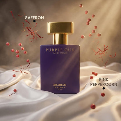 Purple Oud perfume bottle with saffron and pink peppercorn elements on a beige background