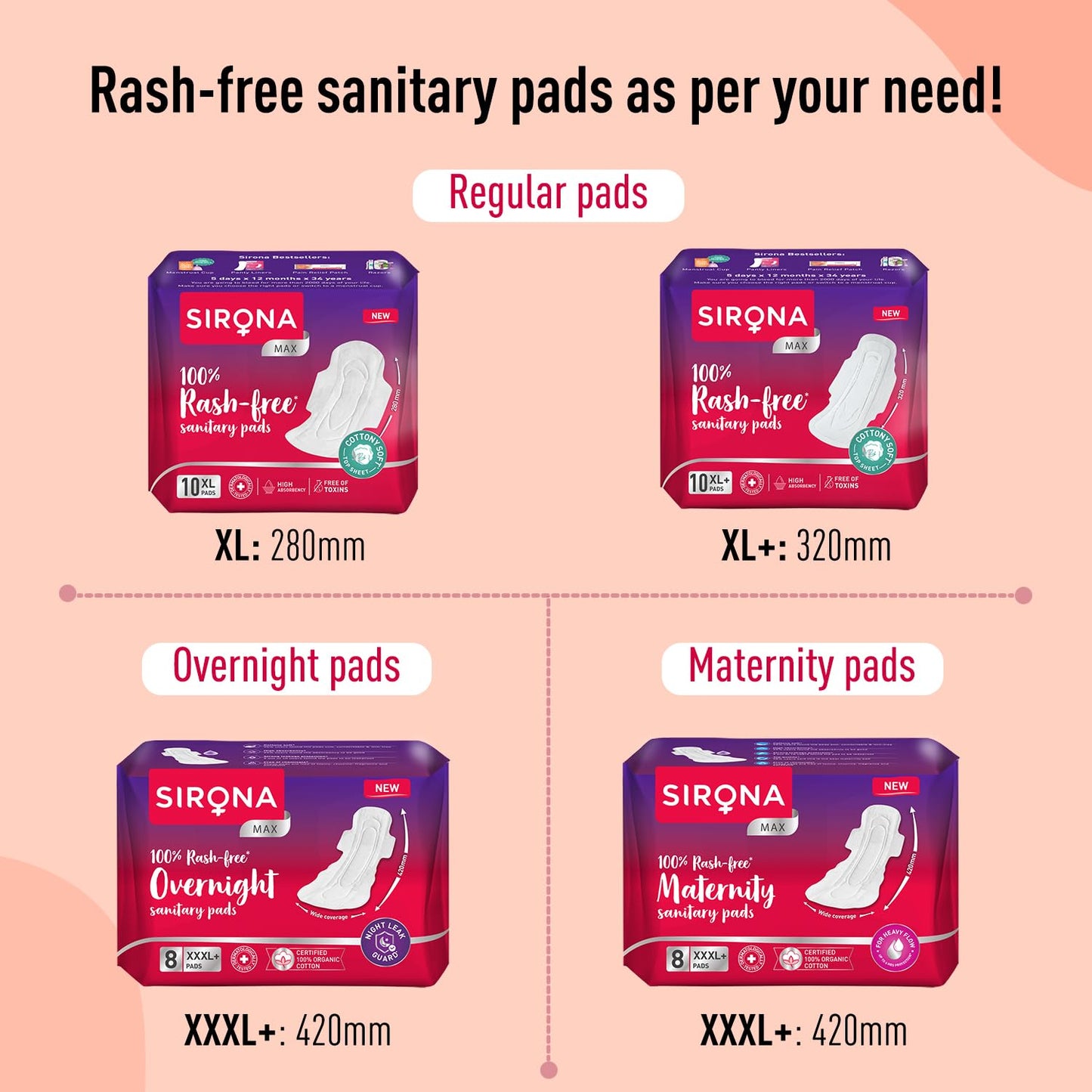 Sirona Max Sanitary Pads for Women | XL Plus (Pack of 30 Pads) | 100% Rash Free & Toxic-Free | Organic Cotton Sanitary Pad | Up to 0% Leakage, Comfortable & High Absorbency
