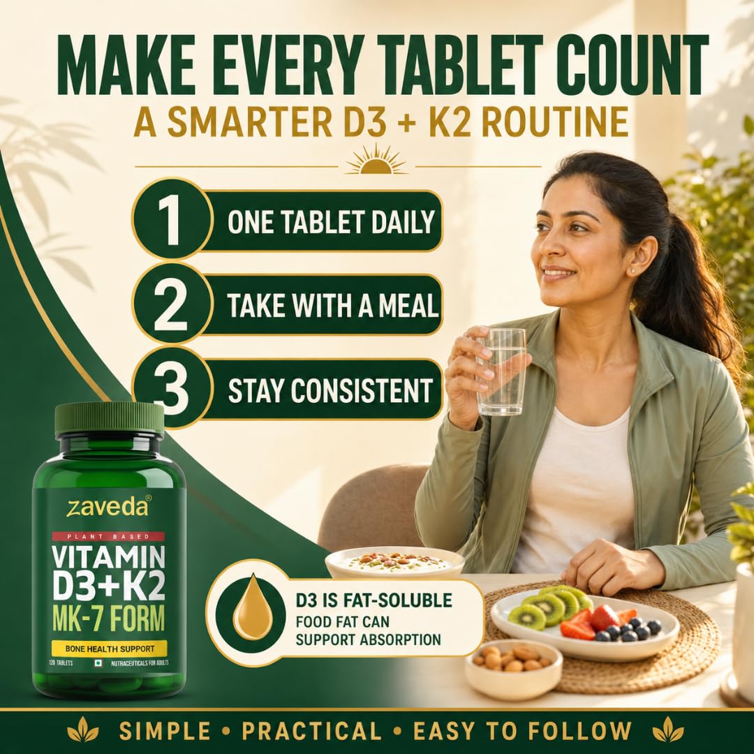 Zaveda Vitamin D3 K2 Supplement, 120 Veg Tablets Plant-Based D3 600 IU + K2 MK7, Supports Bone Strength, Calcium Absorption & Heart Health, Premium Daily Wellness