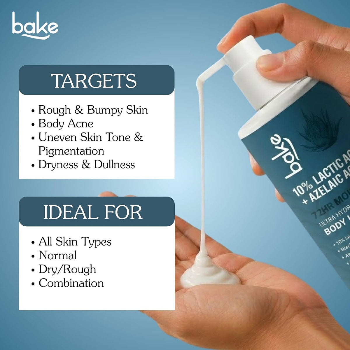 BAKE 10% Lactic Acid Body Lotion with Azelaic Acid | Smooths Rough & Bumpy Skin, Exfoliates Skin & Reduces Body Acne | Ultra Hydrating Body Lotion | 300ml
