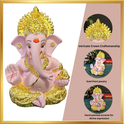 Gold Art India Gold Plated Ganesha with Terracotta Colour - Perfect for Car Dashboards, Office & Home Shelves, Diwali Puja, and Gifting (MukutGoldPink 3.5"), Idol