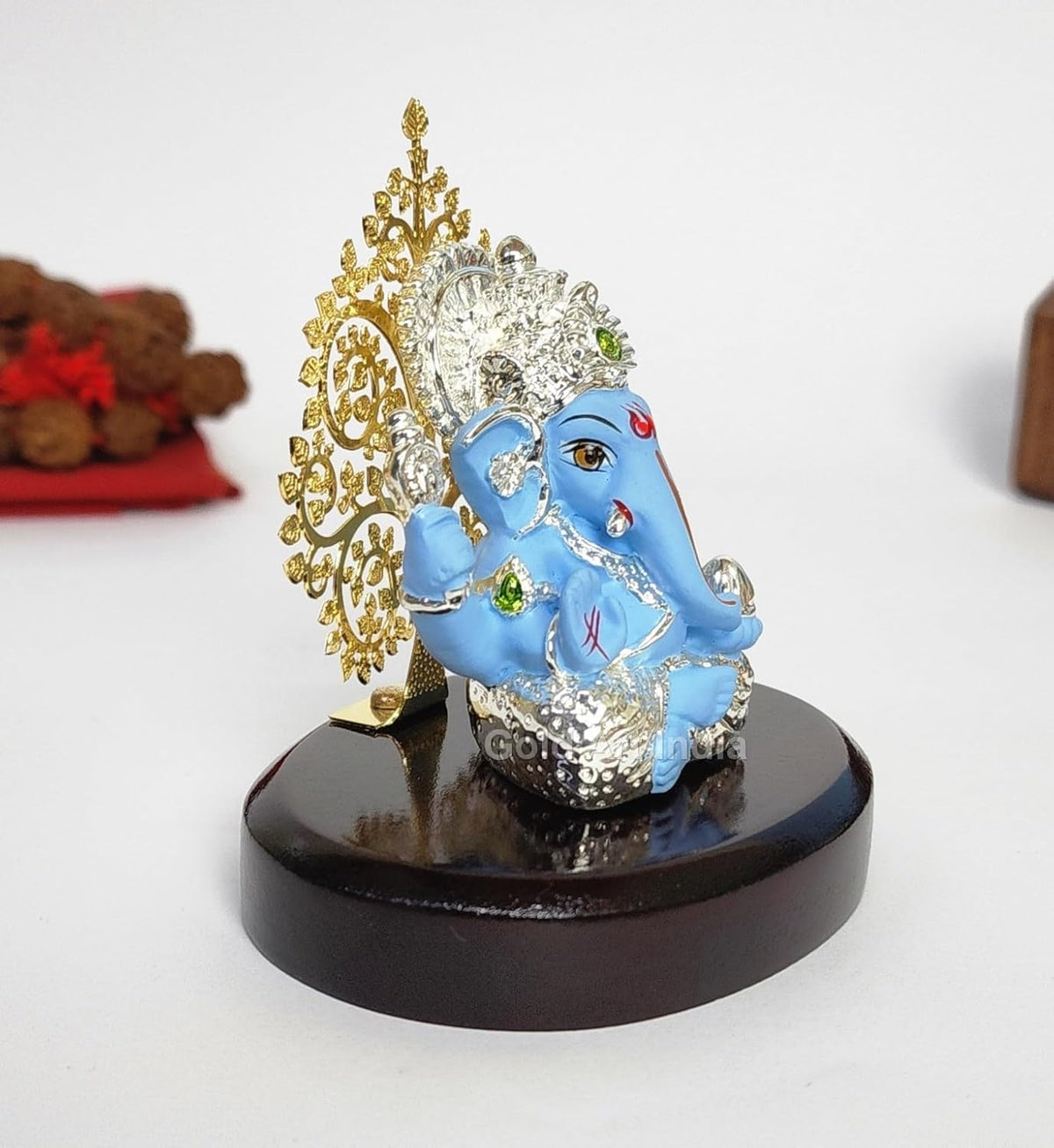 Gold Art India Lord Ganesha Idol Kalpavruksh Tree Ganesh Idol for Home Entrance Ganesh Ji for Car Dashboard | Ganesh Murti for Home Decor, Gifting & Pooja Room Oval MDF Base (Blue)