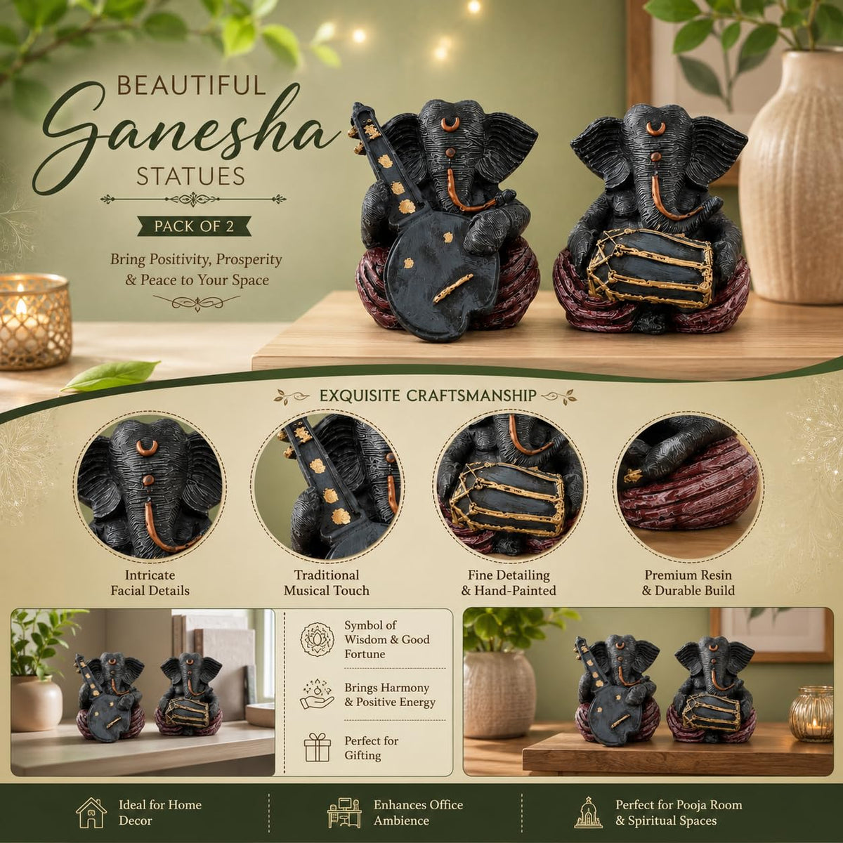 Beautiful Resin Ganesha Statues for Home Decor (Pack of 2, Grey & Red Colour)
