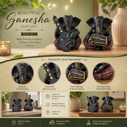 Beautiful Resin Ganesha Statues for Home Decor (Pack of 2, Grey & Red Colour)