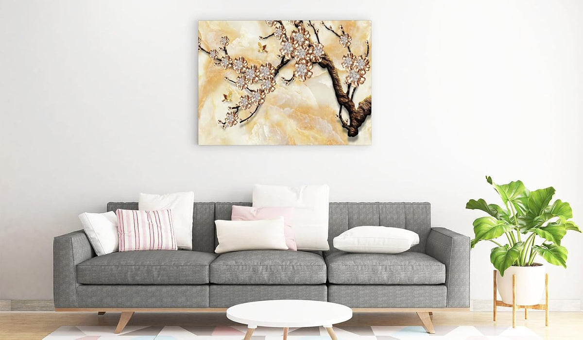 Printed Framed Canvas Painting for Home Decor Office Wall Studio Wall Living Room Decoration (22x14inch Wrapped) - 3D Gold Flower