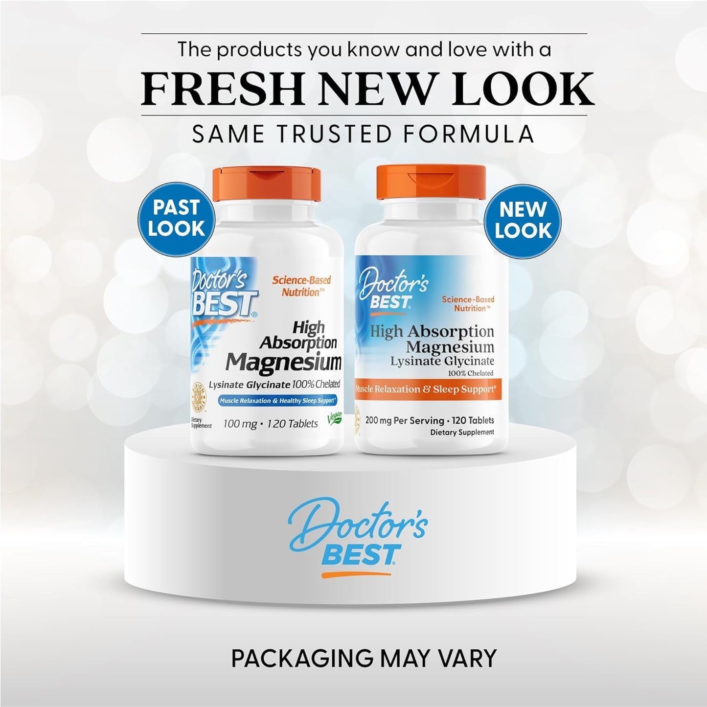 Two bottles of Doctor's Best High Absorption Magnesium on a white platform with text about a fresh new look.