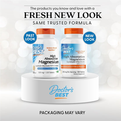 Two bottles of Doctor's Best High Absorption Magnesium on a white platform with text about a fresh new look.