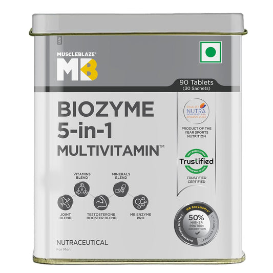 MuscleBlaze Biozyme Daily Multivitamin|5-In-1 Supplement With Vitamins,Minerals,Joint,T-Booster Blend|With Us Patent Published Eafa|For Higher Energy & Improved Performance,1 Count,90 Capsules