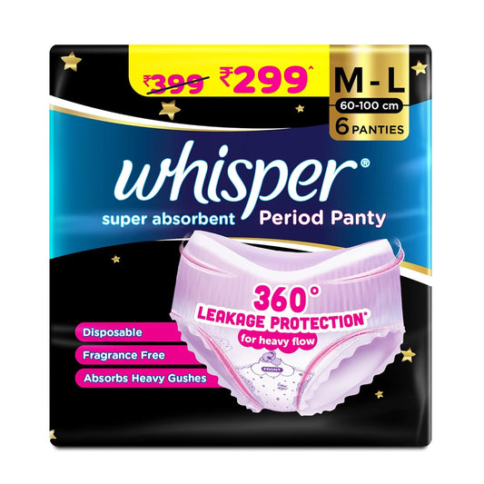 Pack of Whisper period panties with packaging details on a white background