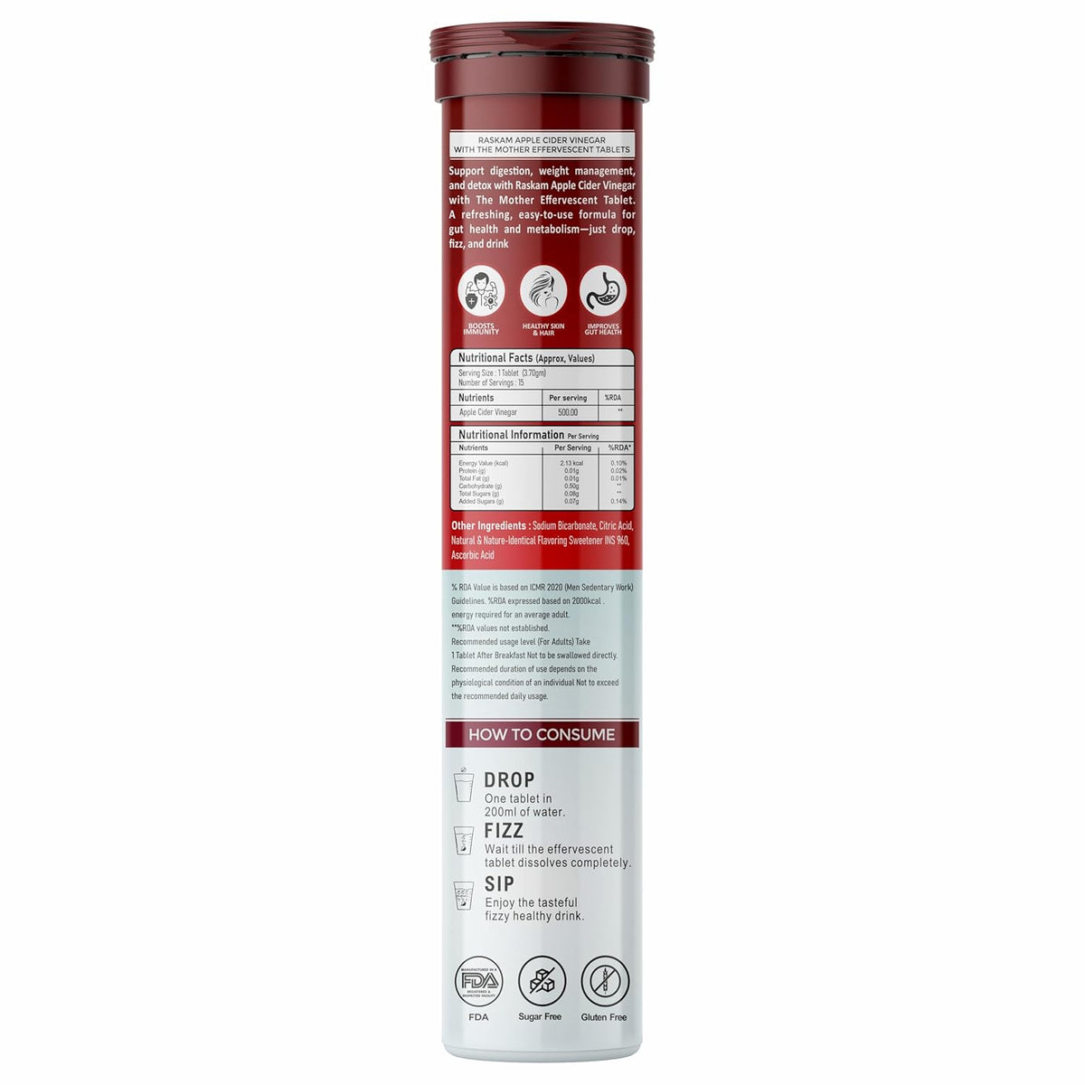 Red and white supplement tube with label on a white background