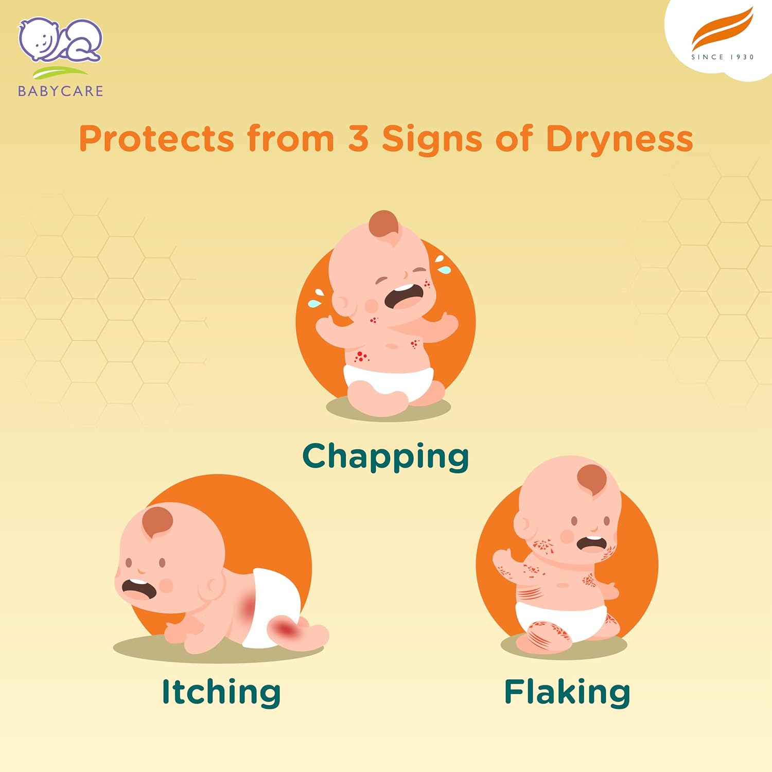 Illustration of babies with chapping, itching, and flaking skin on a beige background with Babycare branding.