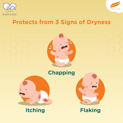 Illustration of babies with chapping, itching, and flaking skin on a beige background with Babycare branding.