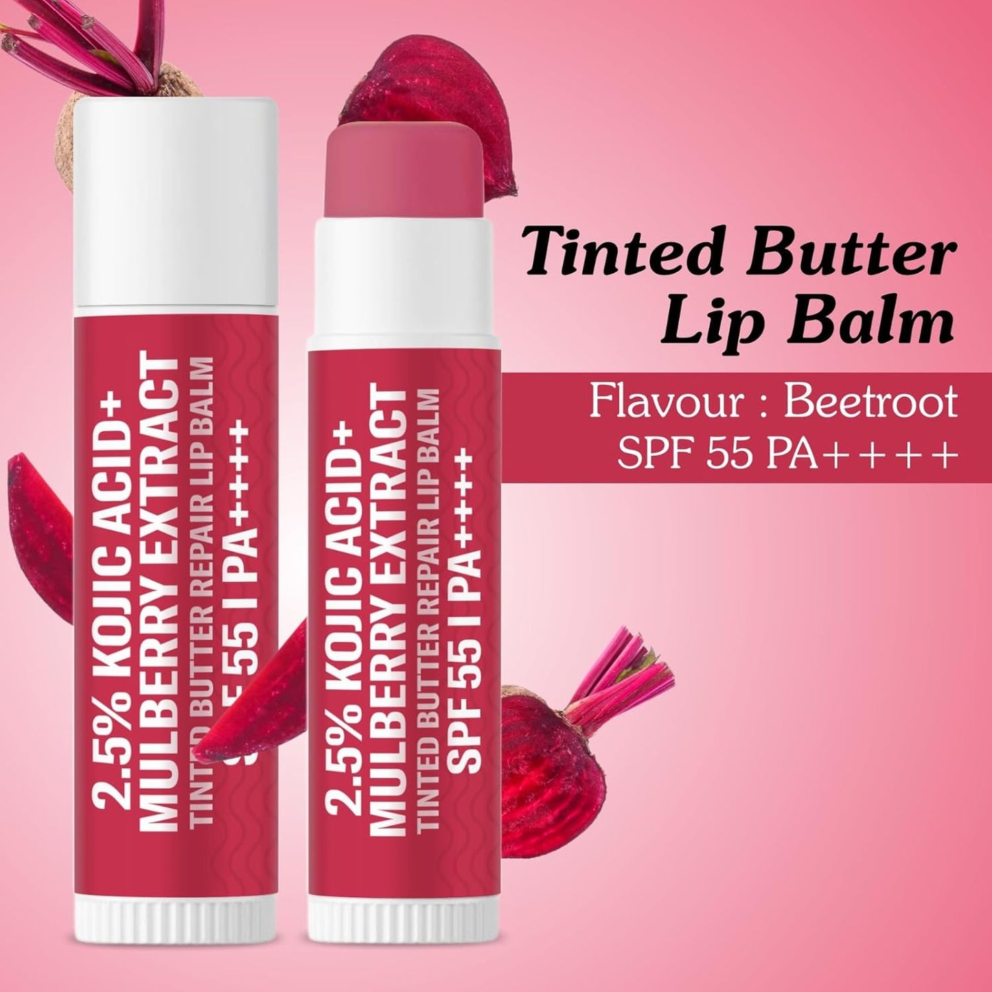 BAKE 2.5% Kojic Acid Mulberry Extract Tinted Butter Brightening Lip Balm SPF 55 PA++++ 24 Hour Moisturization | For Dark, Pigmented, Dry & Flaky Lips | De-Tan Lip Balm - 5g