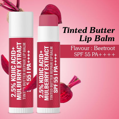 BAKE 2.5% Kojic Acid Mulberry Extract Tinted Butter Brightening Lip Balm SPF 55 PA++++ 24 Hour Moisturization | For Dark, Pigmented, Dry & Flaky Lips | De-Tan Lip Balm - 5g