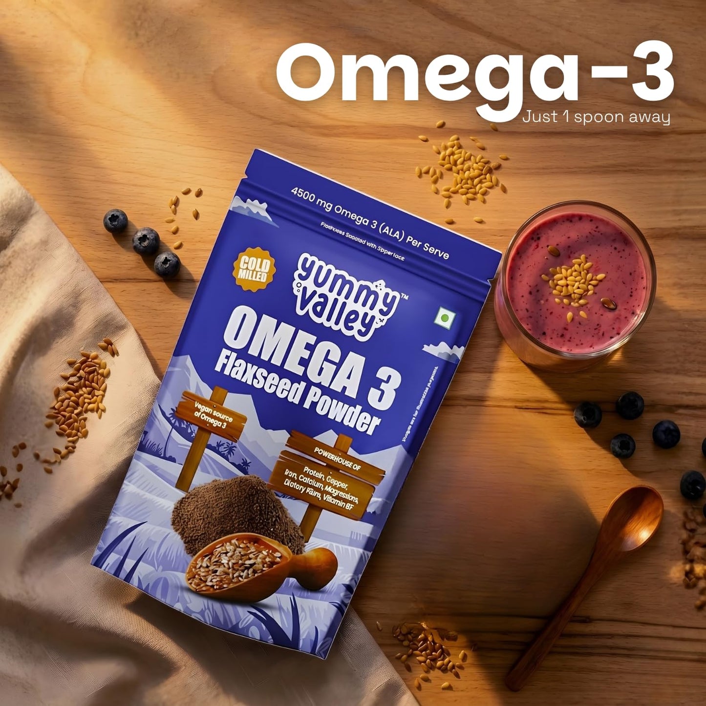 Yummy Valley Omega 3 Flaxseed Powder, 230g | Cold Milled Rich | 4.5g ALA per Serve | High Protein High Fibre | Vegan Plant Based Superfood | Gluten Free | Daily Wellness Nutrition for Women & Men