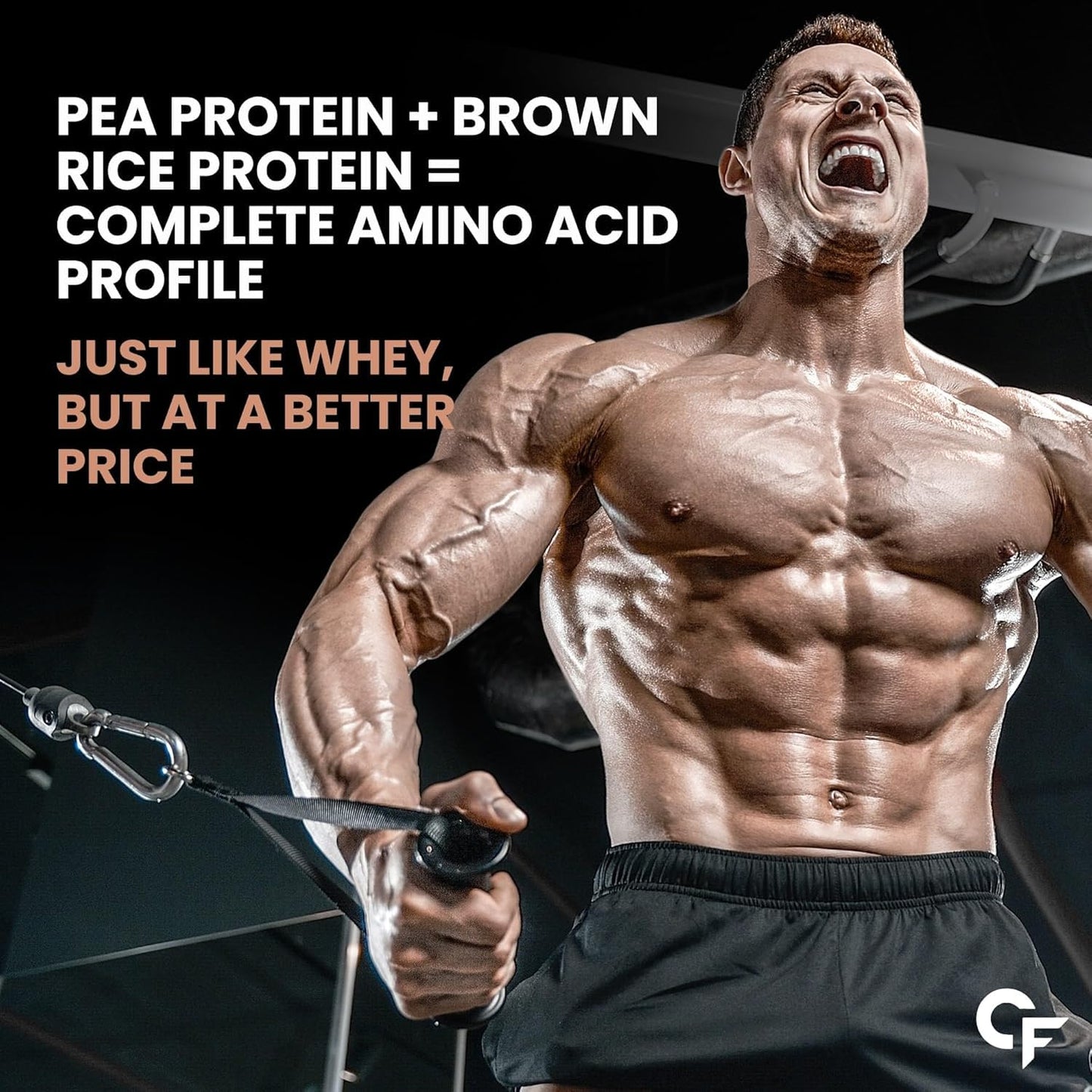 Muscular man lifting weights with text about pea protein and brown rice protein.
