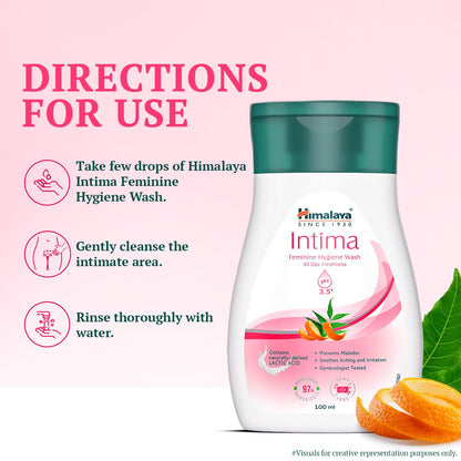 Himalaya Intima Feminine Hygiene Wash bottle with usage instructions on a pink background