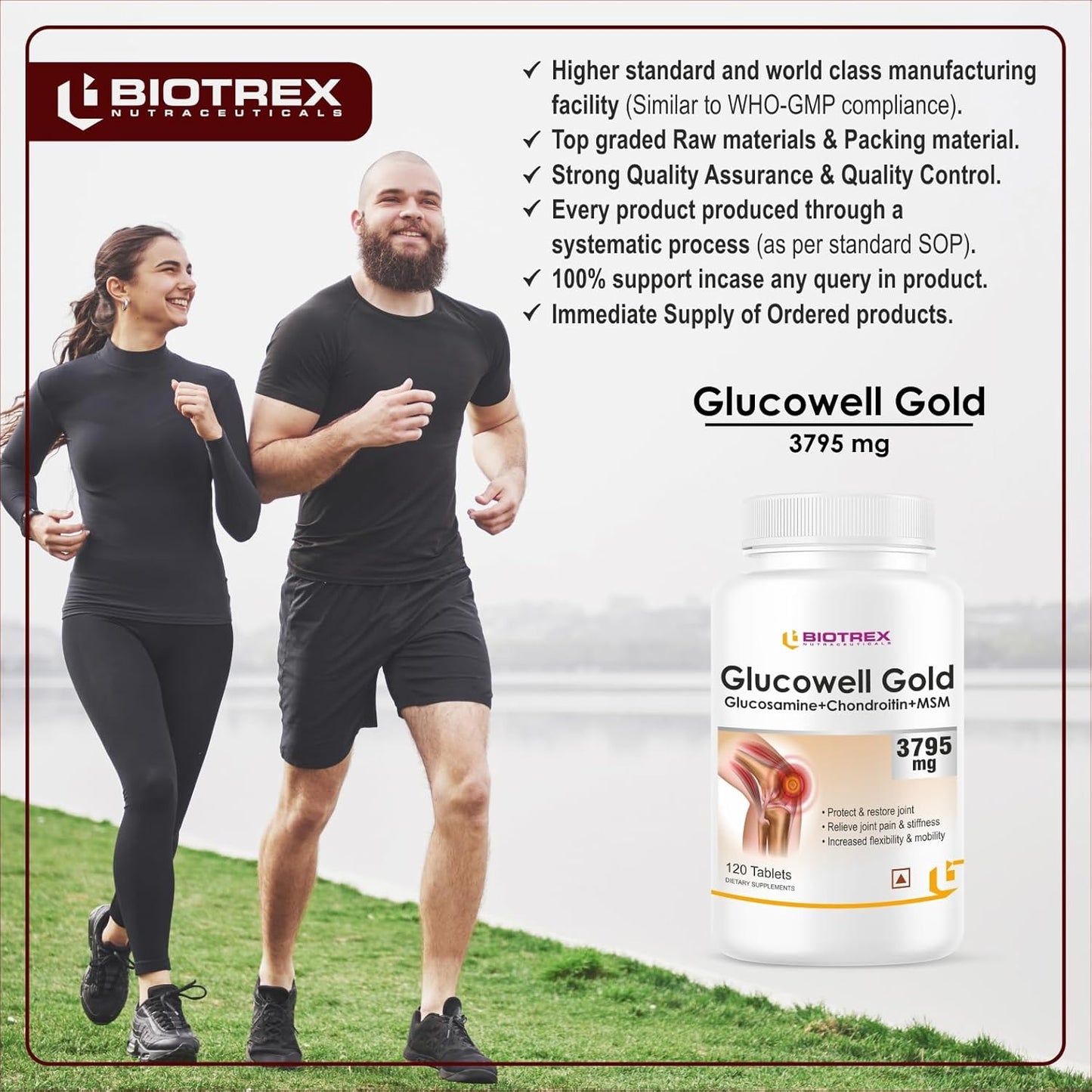 Biotrex Nutraceuticals Glucosamine+ Chondroitin + MSM 3795mg Glucowell GOLD - 120 Tablets, Cartilage & Joint Support Supplement, Glucosamine Chondroitin MSM for Joint Relieves Pain and Stiffness