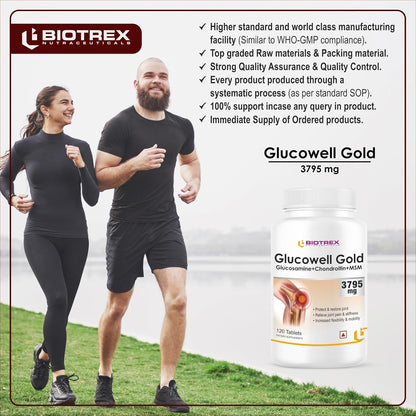 Biotrex Nutraceuticals Glucosamine+ Chondroitin + MSM 3795mg Glucowell GOLD - 120 Tablets, Cartilage & Joint Support Supplement, Glucosamine Chondroitin MSM for Joint Relieves Pain and Stiffness