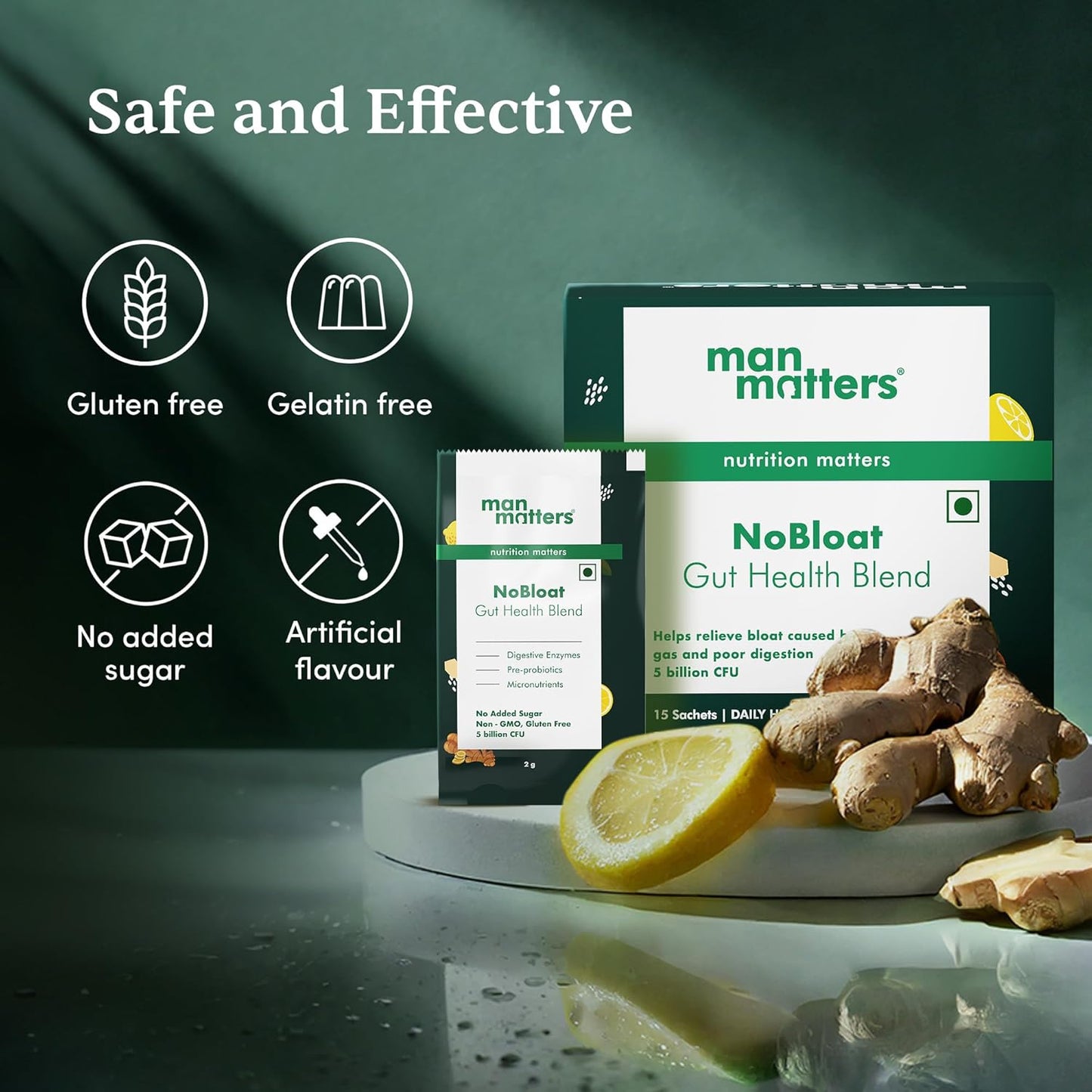 Man Matters NoBloat Gut health Blend for Gut Health, Better Digestion & Immunity | Relieves Bloating & Improves Metabolism | 5 Billion CFU | 15 Sachets