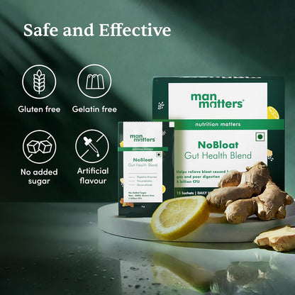 Man Matters NoBloat Gut health Blend for Gut Health, Better Digestion & Immunity | Relieves Bloating & Improves Metabolism | 5 Billion CFU | 15 Sachets