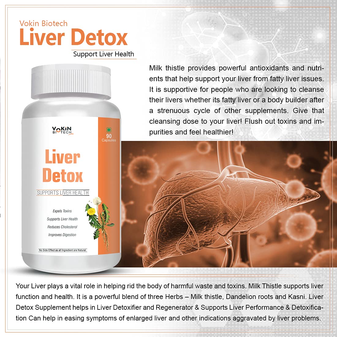 Liver Detox supplement bottle with liver illustration and text on a beige background