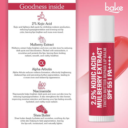 BAKE 2.5% Kojic Acid Mulberry Extract Tinted Butter Brightening Lip Balm SPF 55 PA++++ 24 Hour Moisturization | For Dark, Pigmented, Dry & Flaky Lips | De-Tan Lip Balm - 5g