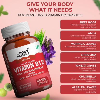 Bottle of The Body Reserve Vitamin B12 capsules with ingredients listed on a pink background