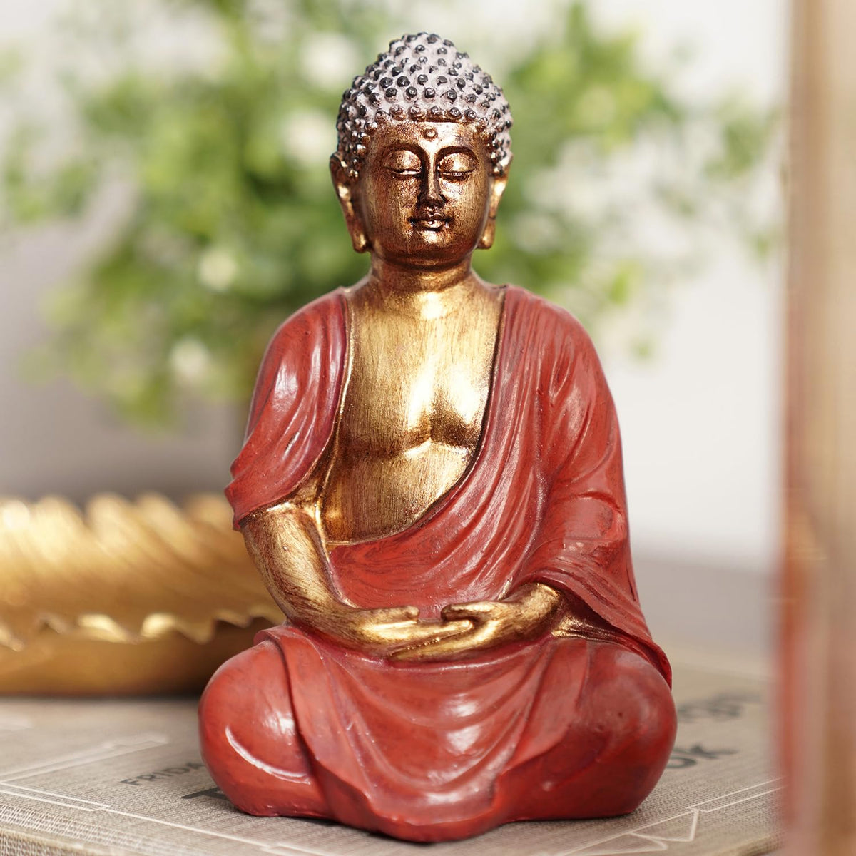 PURE HOME + LIVING Dark Red Antique Gold Polyresin Sitting Buddha - Small Statue Decorative Showpiece Idol | Home Decor Items for Home Office Living Room and Gifts (Pack of 1)
