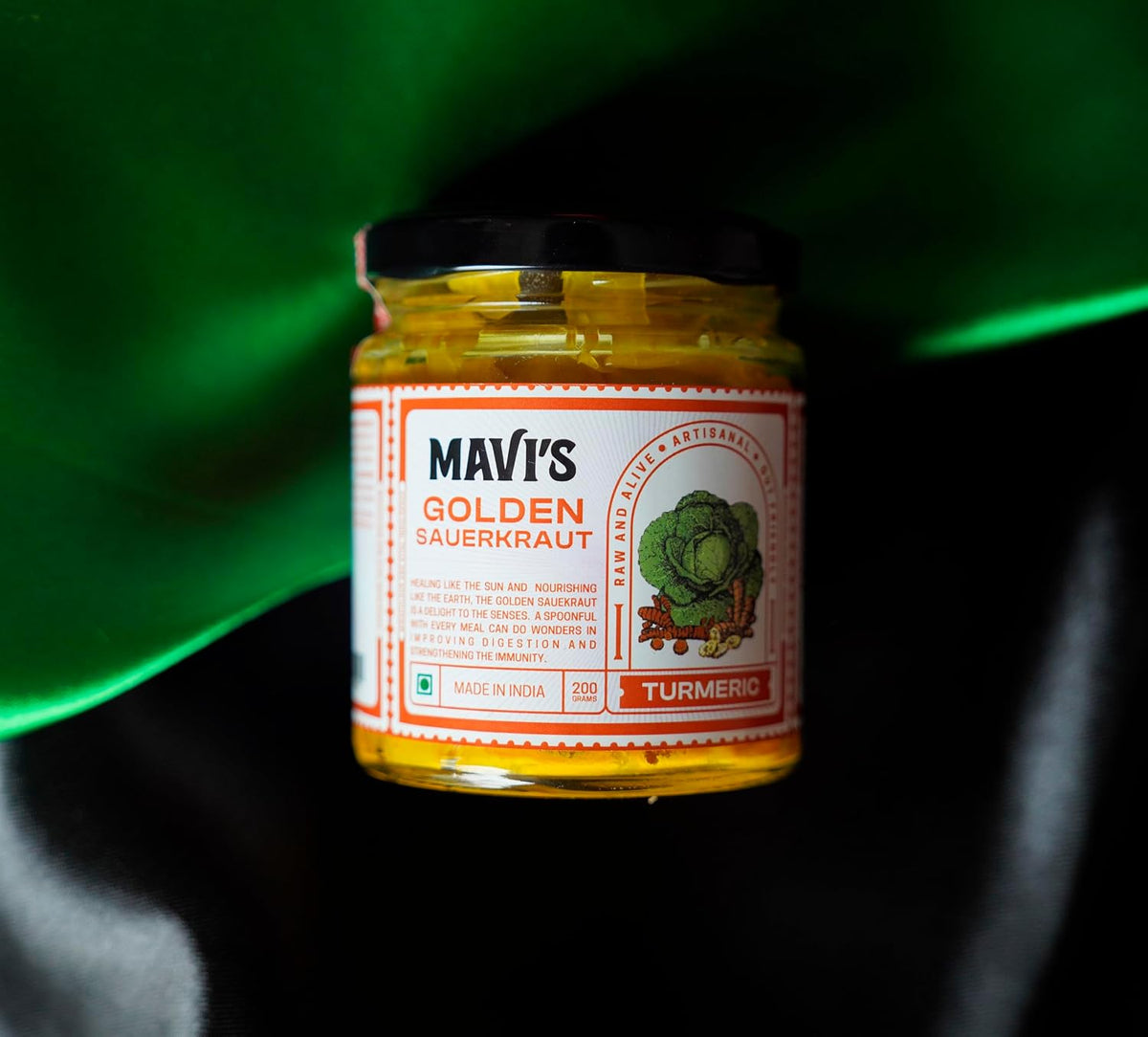 MAVI's Golden Sauerkraut| Spicy, Organic & Natural Cabbage & Fresh Turmeric | Gut friendly | Vegan | No Preservatives | No Artificial Flavour or Colour | 200g (Pack of 1)