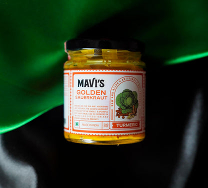MAVI's Golden Sauerkraut| Spicy, Organic & Natural Cabbage & Fresh Turmeric | Gut friendly | Vegan | No Preservatives | No Artificial Flavour or Colour | 200g (Pack of 1)