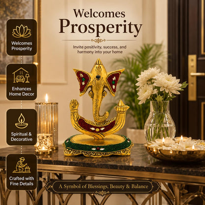 Kalakriti Decorative Lord Trishul Ganesha Idol for Home Decor – Golden Metal Finish Ganpati Murti for Pooja Room, Office & Gift Purpose