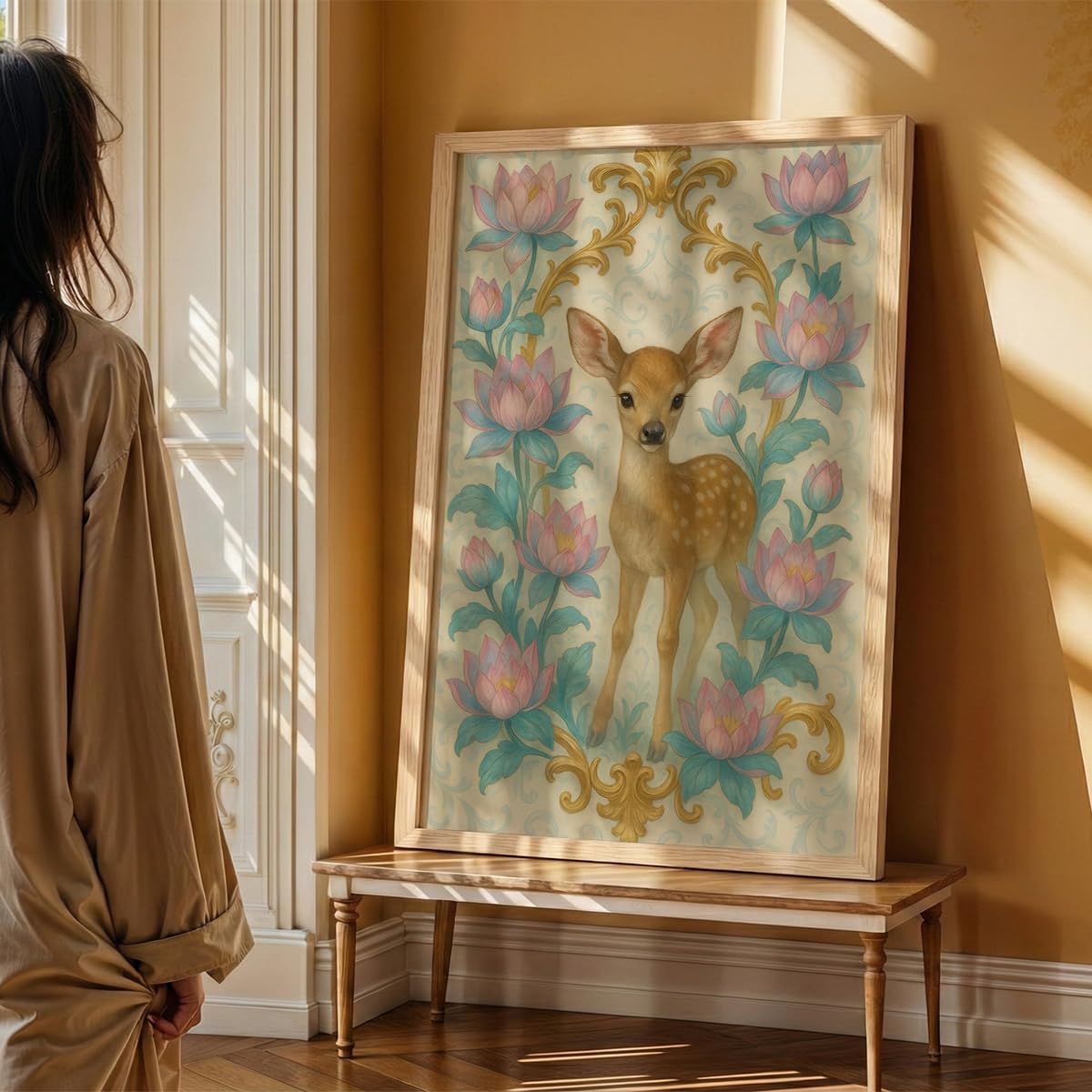 Deer & Lotus Wall Painting with Frame Set of 1 | Premium Floral Nature Artwork, Cute Fawn Animal Wall Decor for Living Room, Bedroom, Kids Room, Office and Home Decoration (3D Art-6,13x19inch)