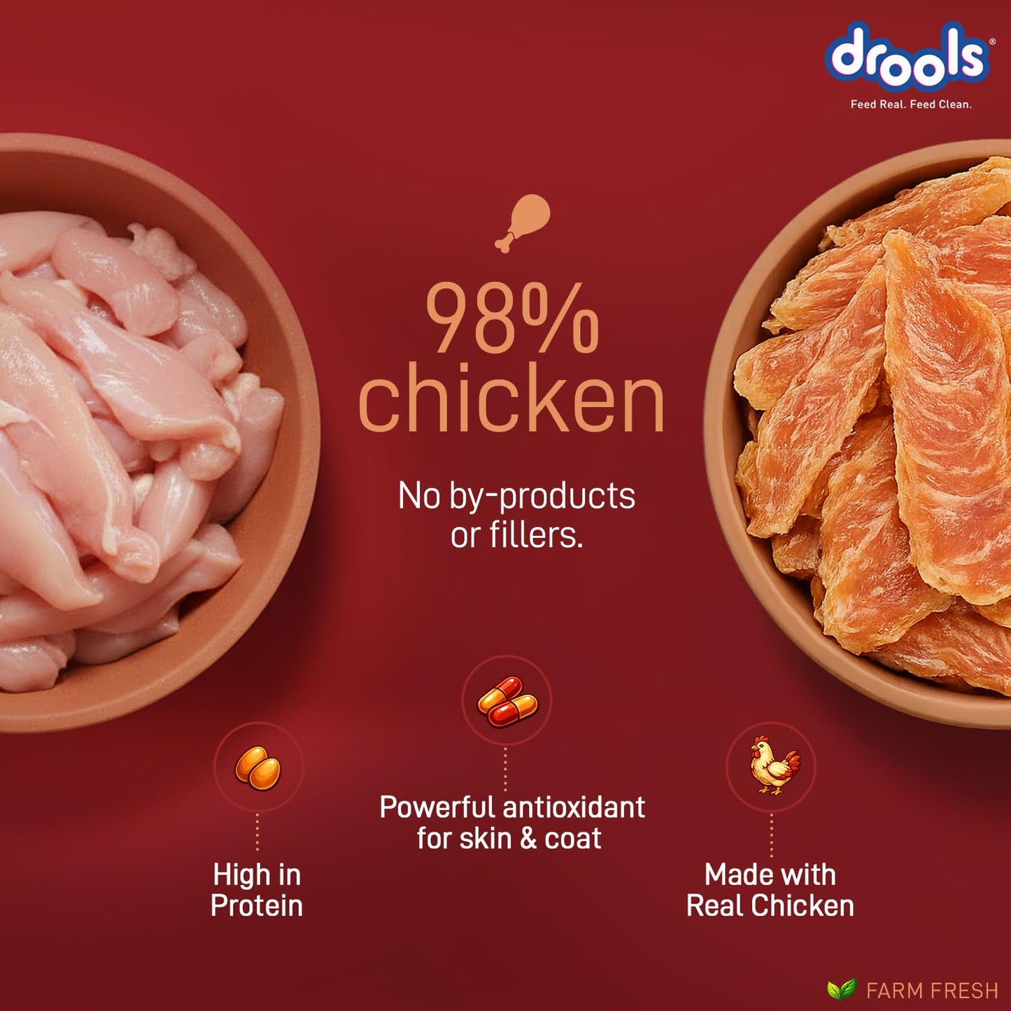 Drools Adult Dog Treat Chicken Jerky 200g | Real Chicken Flavour | No Grains | No Gluten | Prevent Food Allergy or Sensitivity | Firm Texture | Chewy Nature