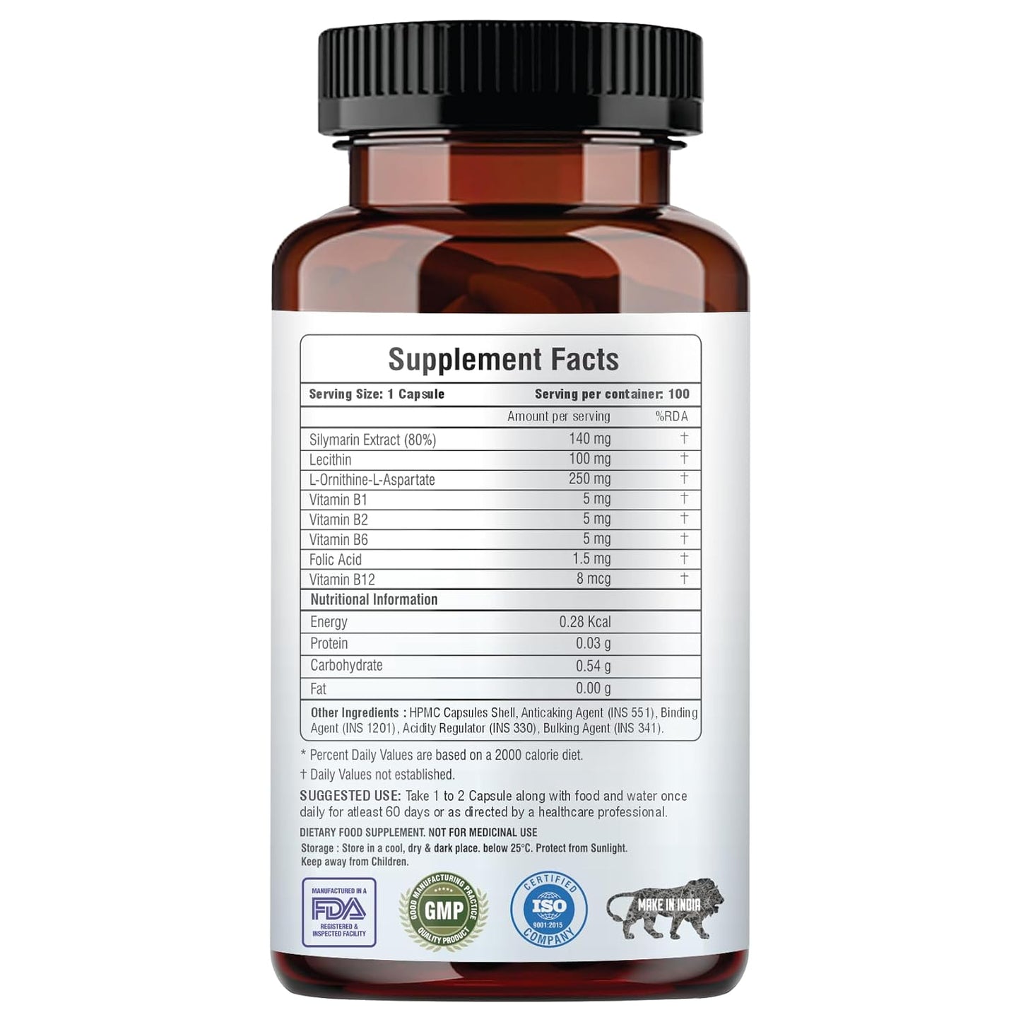 Supplement bottle with label showing 'Supplement Facts' and various certifications on a white background