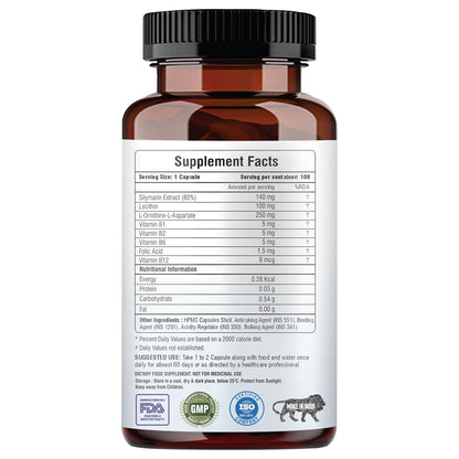 Supplement bottle with label showing 'Supplement Facts' and various certifications on a white background