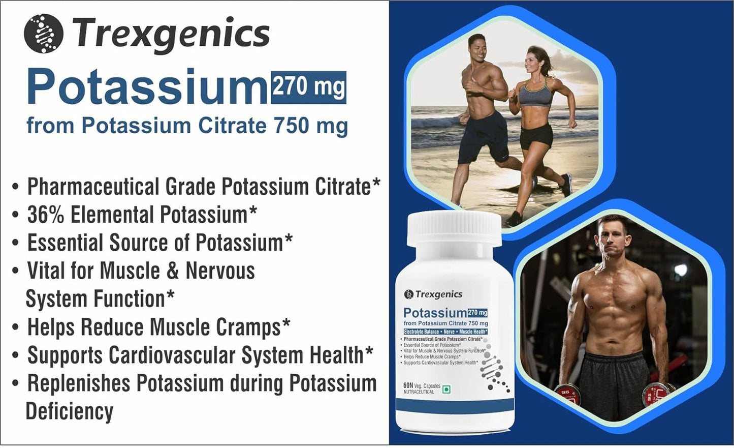 Trexegenics Potassium supplement bottle with product details and images of a man and woman exercising.
