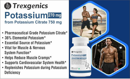 Trexegenics Potassium supplement bottle with product details and images of a man and woman exercising.