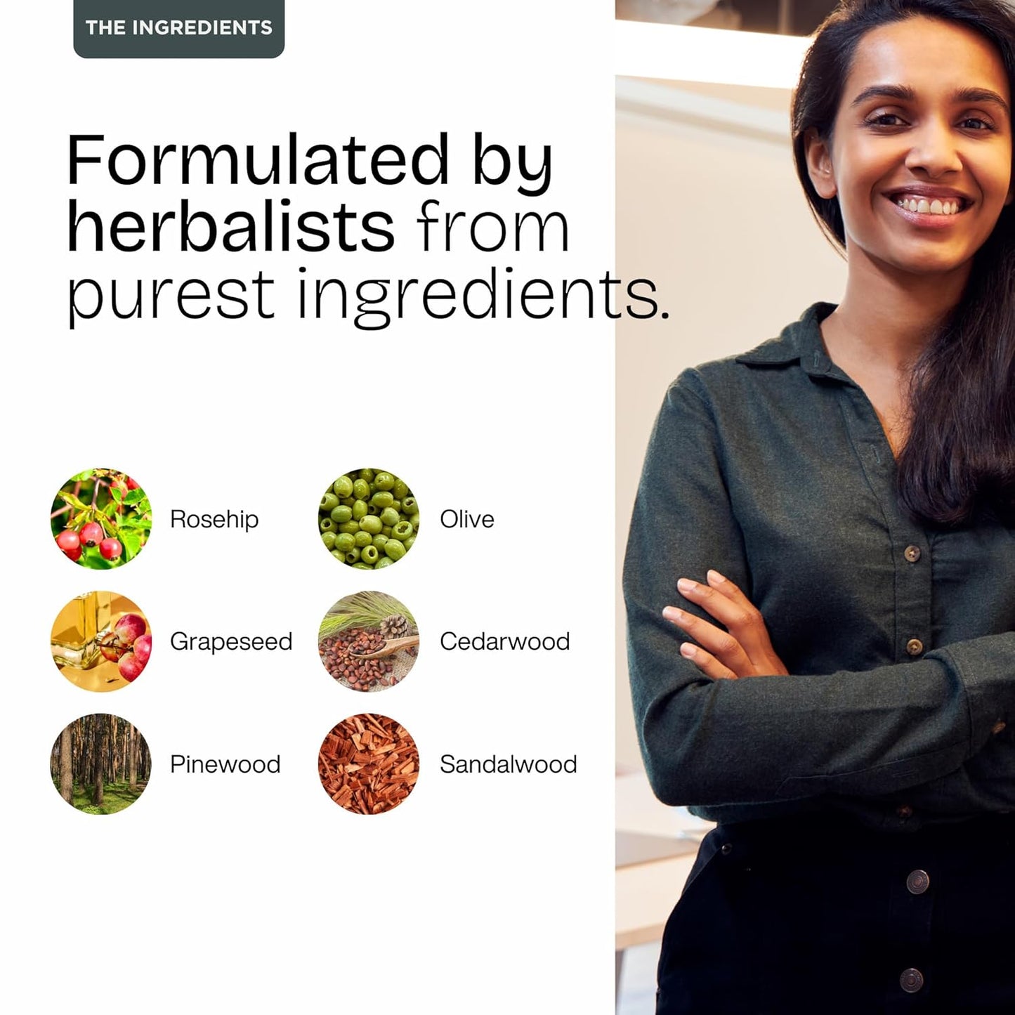 Product advertisement with a woman and listed ingredients on a white background