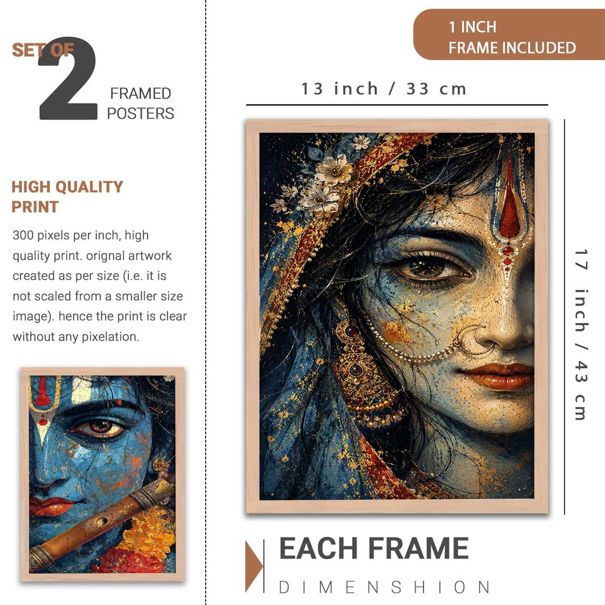 Set of 2 Framed Wall Art Prints, Premium HD Modern Wall Decor for Living Room, Bedroom, Office & Home, Abstract, Spiritual, Floral, Nature, Botanical & Boho Artwork, Ready to Hang (Radha krishna 2, 13X19, Brown)