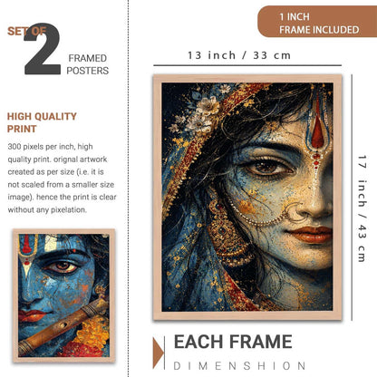 Set of 2 Framed Wall Art Prints, Premium HD Modern Wall Decor for Living Room, Bedroom, Office & Home, Abstract, Spiritual, Floral, Nature, Botanical & Boho Artwork, Ready to Hang (Radha krishna 2, 13X19, Brown)