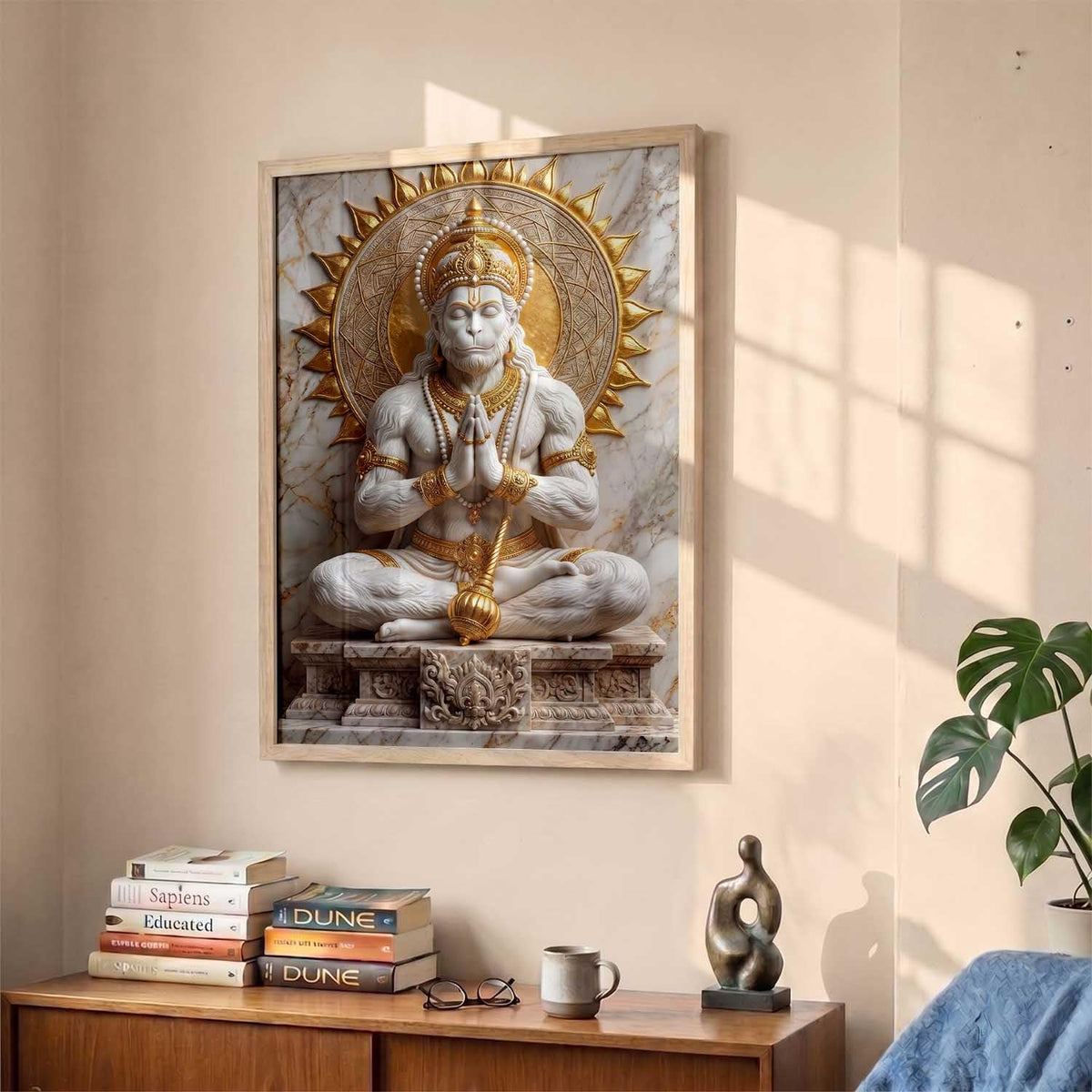 Hindu God Wall Art WALL ART Prints Framed Spiritual Religious Paintings for Living Room, Pooja Room, Bedroom, Office, Meditation Room, Home Decor (Hanuman ji, 13X19, Brown)