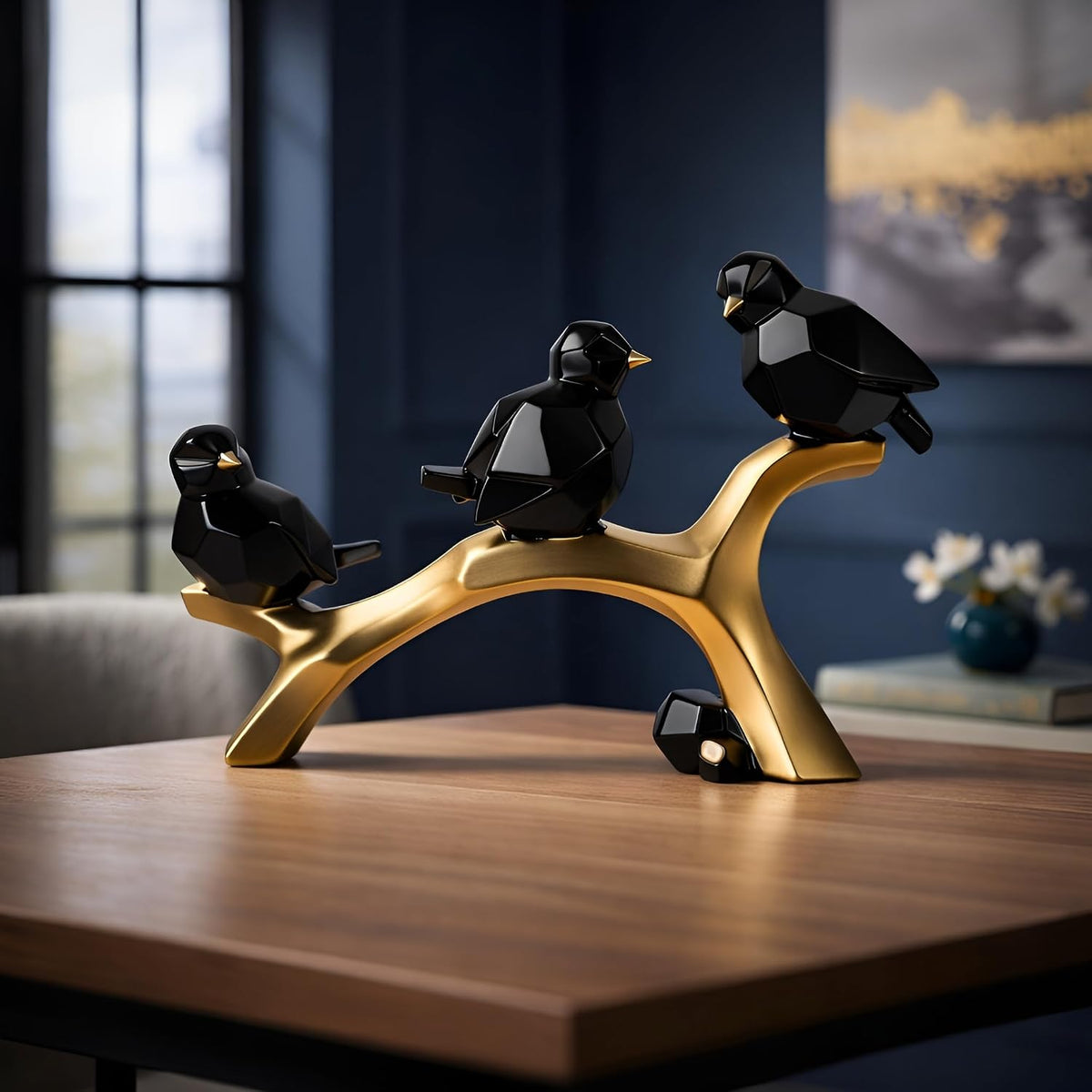 Artistic Geometric Bird Figurine on Branch for Home & Office Décor | Contemporary Black & Gold Sculptural Showpiece for Living Room, Shelf & Console Styling (29.5 cm)